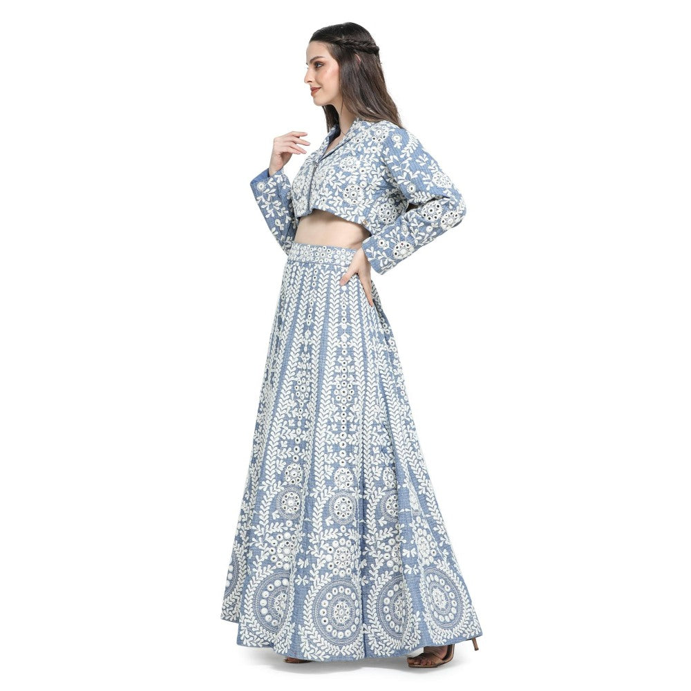 Pinnacle By Shruti Sancheti Blue Embroidered Skirt with Embroidered Crop Top (Set of 2)