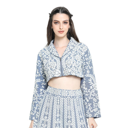 Pinnacle By Shruti Sancheti Blue Embroidered Skirt with Embroidered Crop Top (Set of 2)