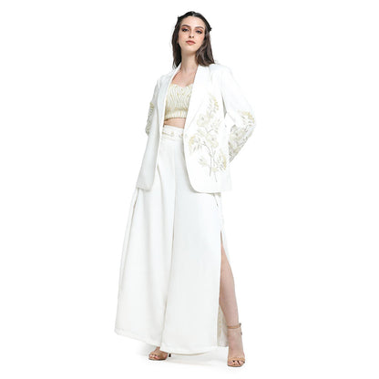 Pinnacle By Shruti Sancheti White Pearl Embroidered Palazzo with Jacket and Bustier (Set of 3)