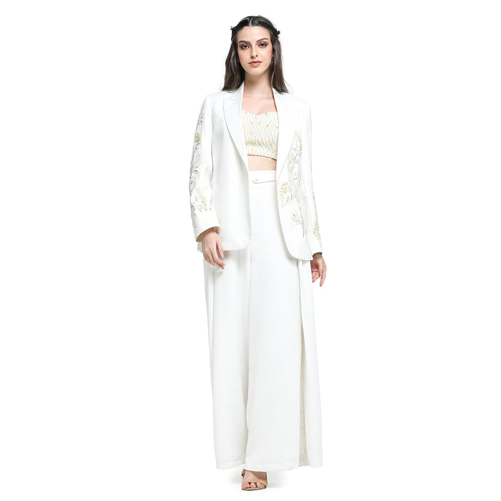 Pinnacle By Shruti Sancheti White Pearl Embroidered Palazzo with Jacket and Bustier (Set of 3)