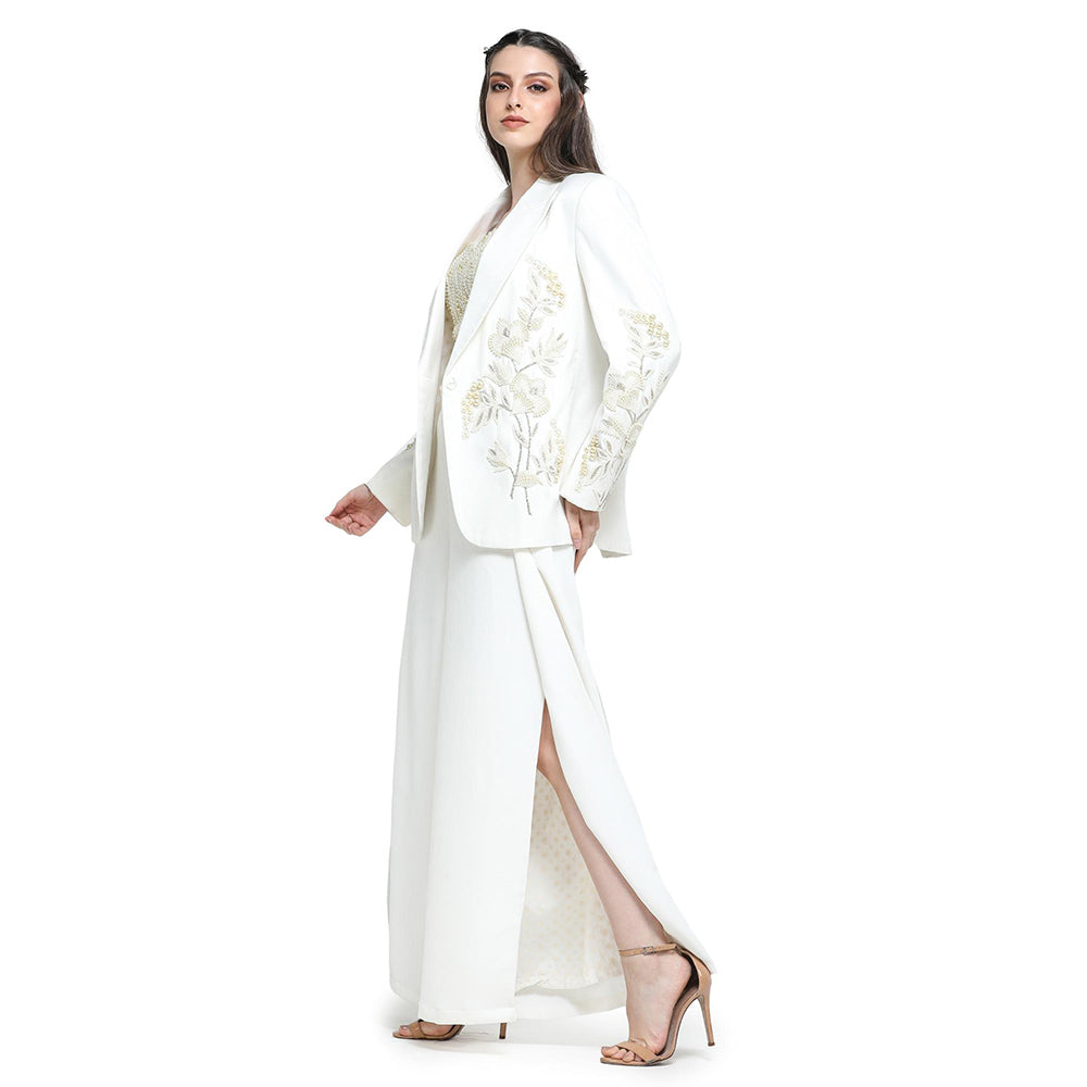 Pinnacle By Shruti Sancheti White Pearl Embroidered Palazzo with Jacket and Bustier (Set of 3)