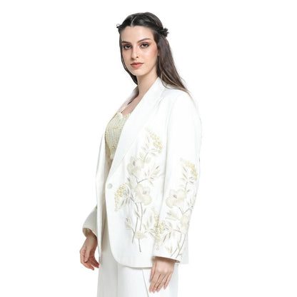 Pinnacle By Shruti Sancheti White Pearl Embroidered Palazzo with Jacket and Bustier (Set of 3)