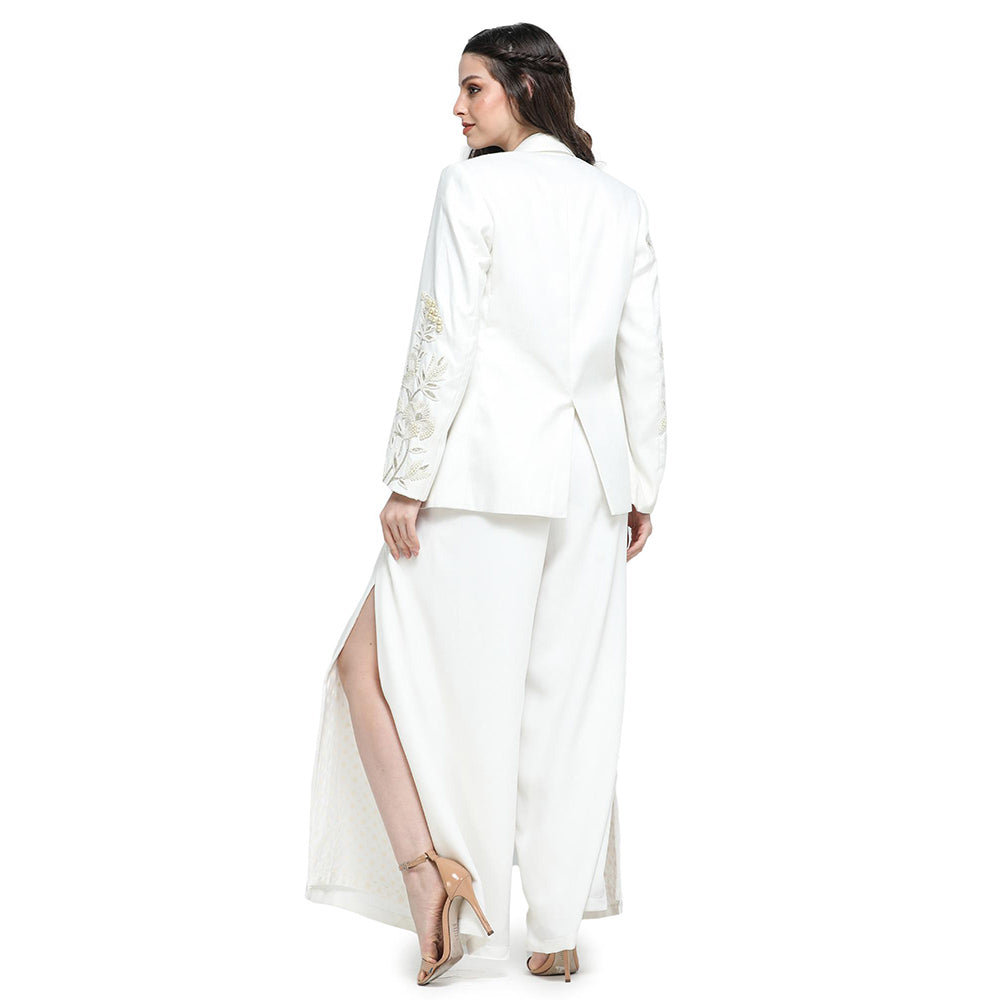 Pinnacle By Shruti Sancheti White Pearl Embroidered Palazzo with Jacket and Bustier (Set of 3)