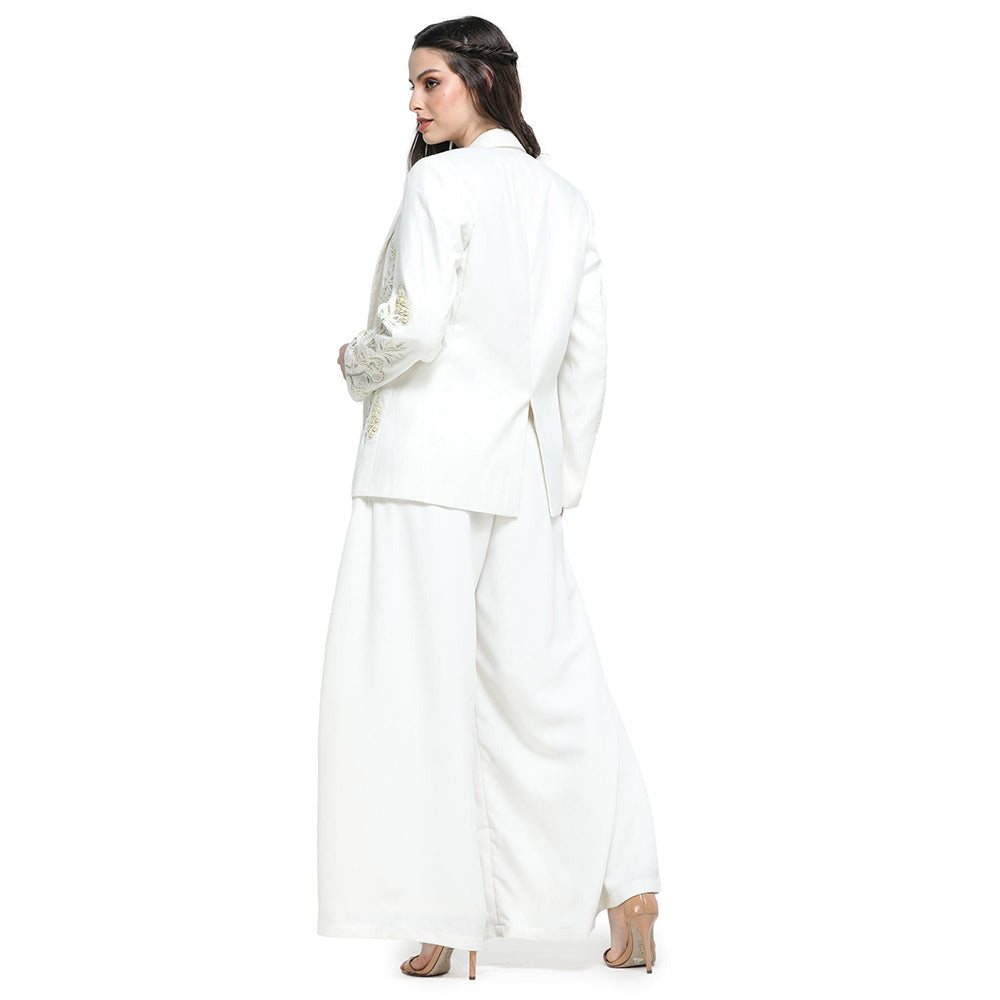 Pinnacle By Shruti Sancheti White Pearl Embroidered Palazzo with Jacket and Bustier (Set of 3)