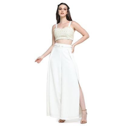 Pinnacle By Shruti Sancheti White Pearl Embroidered Palazzo with Jacket and Bustier (Set of 3)