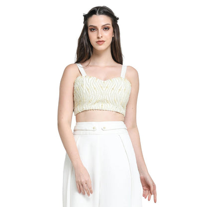 Pinnacle By Shruti Sancheti White Pearl Embroidered Palazzo with Jacket and Bustier (Set of 3)