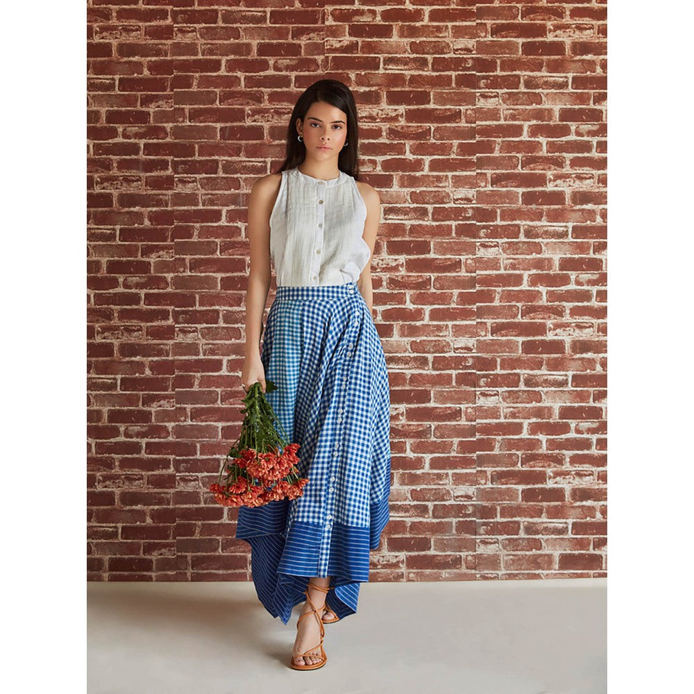Pinnacle By Shruti Sancheti Blue Check Asymmetrical Front Open Skirt