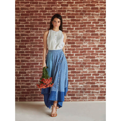 Pinnacle By Shruti Sancheti Blue Check Asymmetrical Front Open Skirt