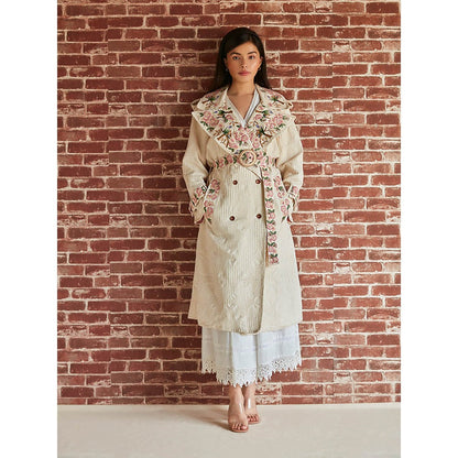 Pinnacle By Shruti Sancheti Ivory Floral And Bird Embroidered Trench Coat (Set of 2)