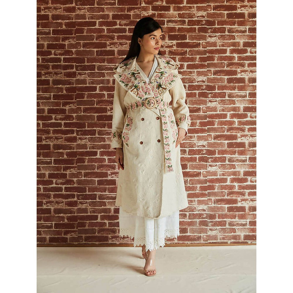 Pinnacle By Shruti Sancheti Ivory Floral And Bird Embroidered Trench Coat (Set of 2)