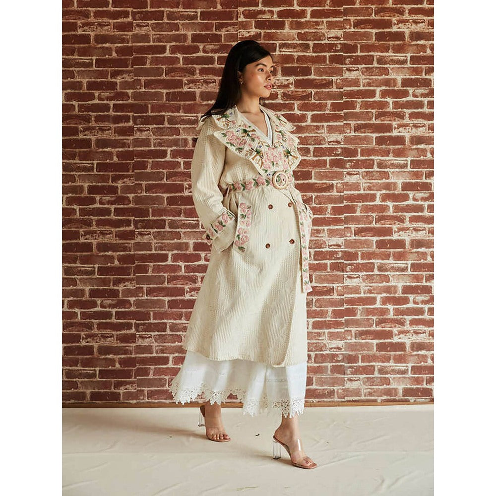 Pinnacle By Shruti Sancheti Ivory Floral And Bird Embroidered Trench Coat (Set of 2)