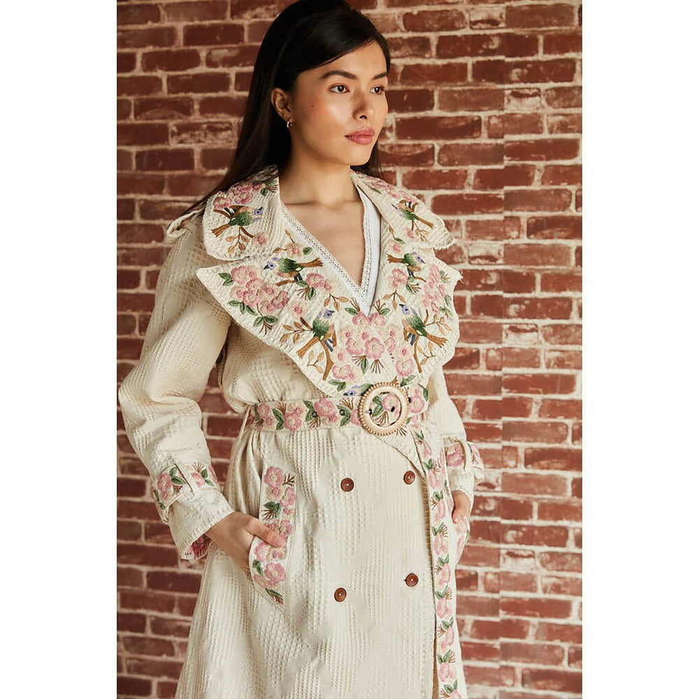 Pinnacle By Shruti Sancheti Ivory Floral And Bird Embroidered Trench Coat (Set of 2)