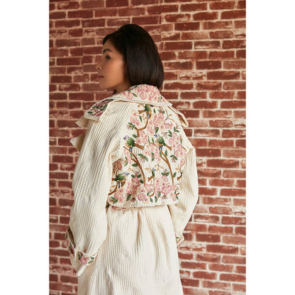Pinnacle By Shruti Sancheti Ivory Floral And Bird Embroidered Trench Coat (Set of 2)
