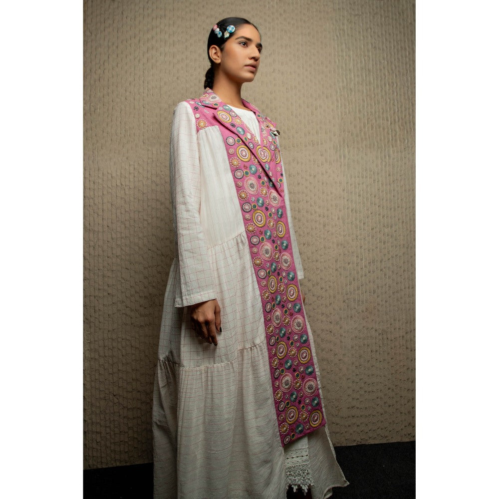 Pinnacle By Shruti Sancheti White Geometric Embroidered Tiered Trench Coat