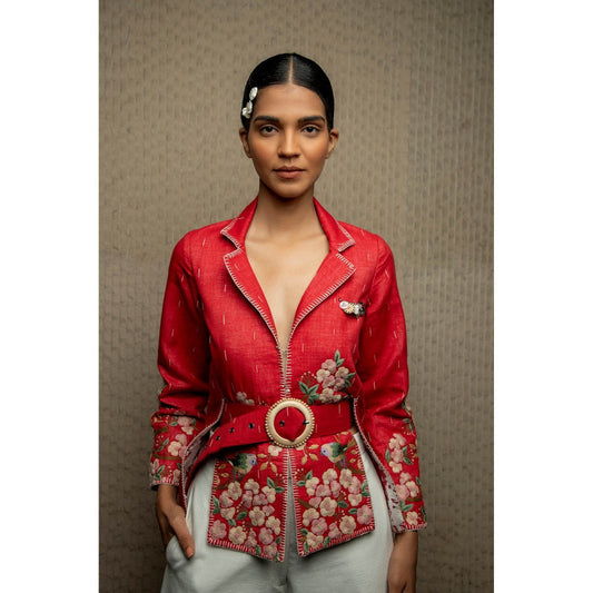 Pinnacle By Shruti Sancheti Red Cotton Floral Embroidered Shacket With Belt (Set of 2)