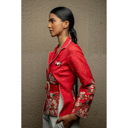 Pinnacle By Shruti Sancheti Red Cotton Floral Embroidered Shacket With Belt (Set of 2)