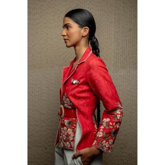 Pinnacle By Shruti Sancheti Red Cotton Floral Embroidered Shacket With Belt (Set of 2)