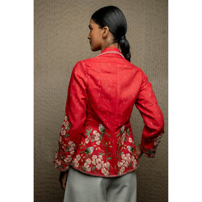 Pinnacle By Shruti Sancheti Red Cotton Floral Embroidered Shacket With Belt (Set of 2)