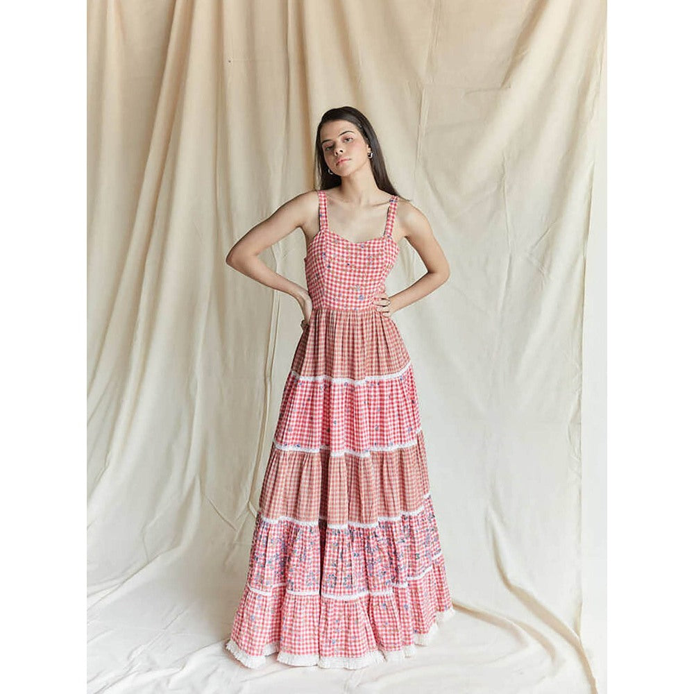 Pinnacle By Shruti Sancheti Red Cotton Check And Printed Tiered Maxi Dress