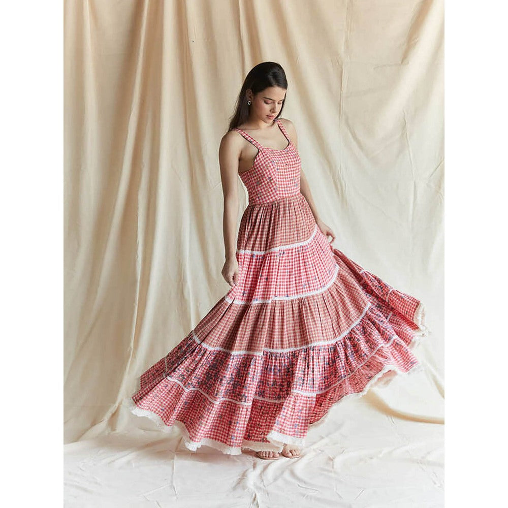 Pinnacle By Shruti Sancheti Red Cotton Check And Printed Tiered Maxi Dress