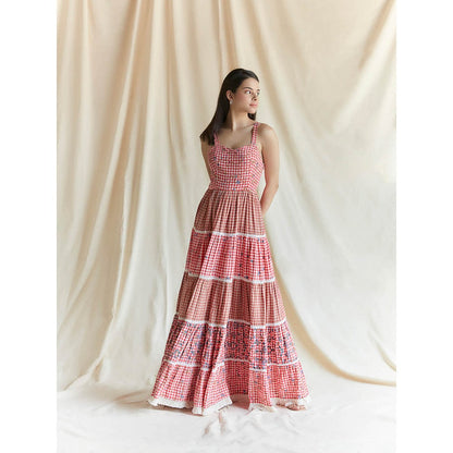 Pinnacle By Shruti Sancheti Red Cotton Check And Printed Tiered Maxi Dress