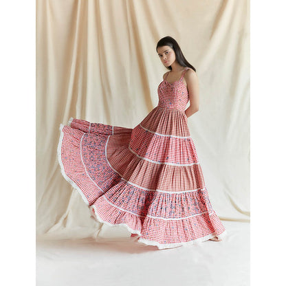 Pinnacle By Shruti Sancheti Red Cotton Check And Printed Tiered Maxi Dress