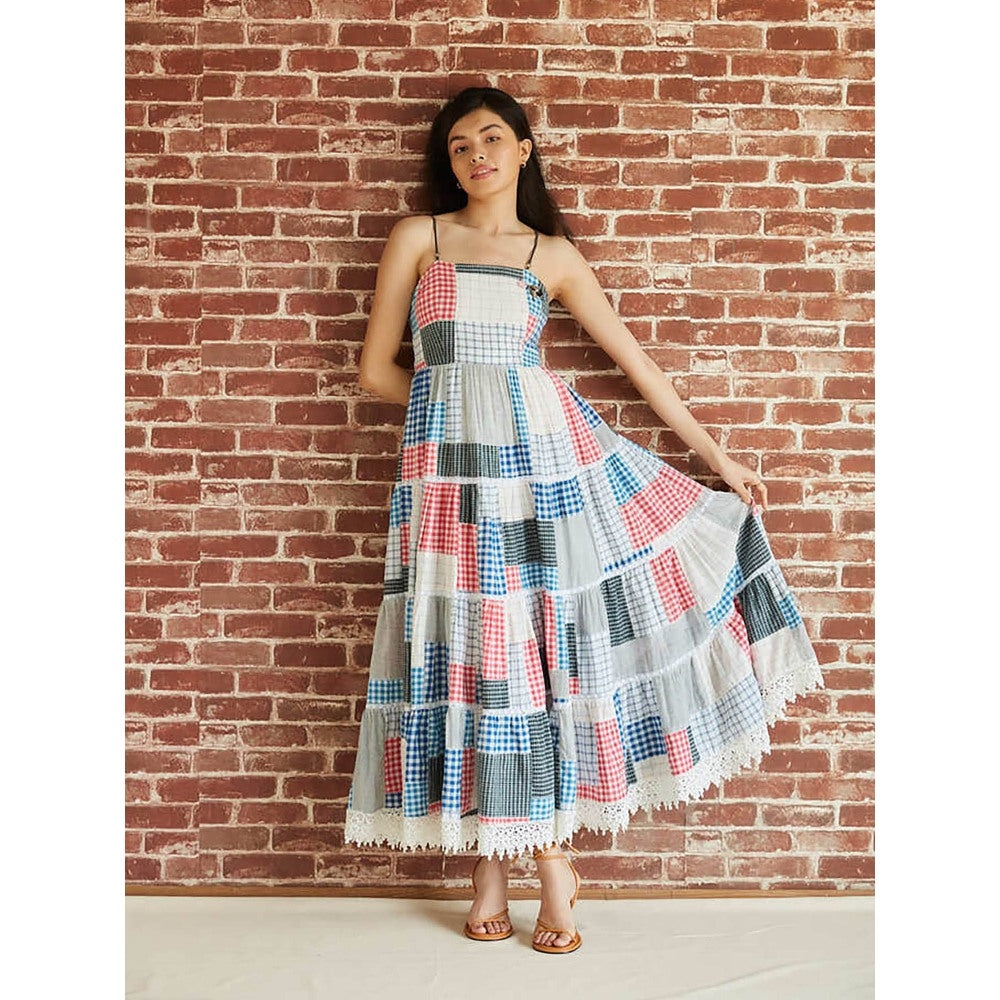 Pinnacle By Shruti Sancheti Cotton Check Patchwork Tiered Maxi Dress With Lace