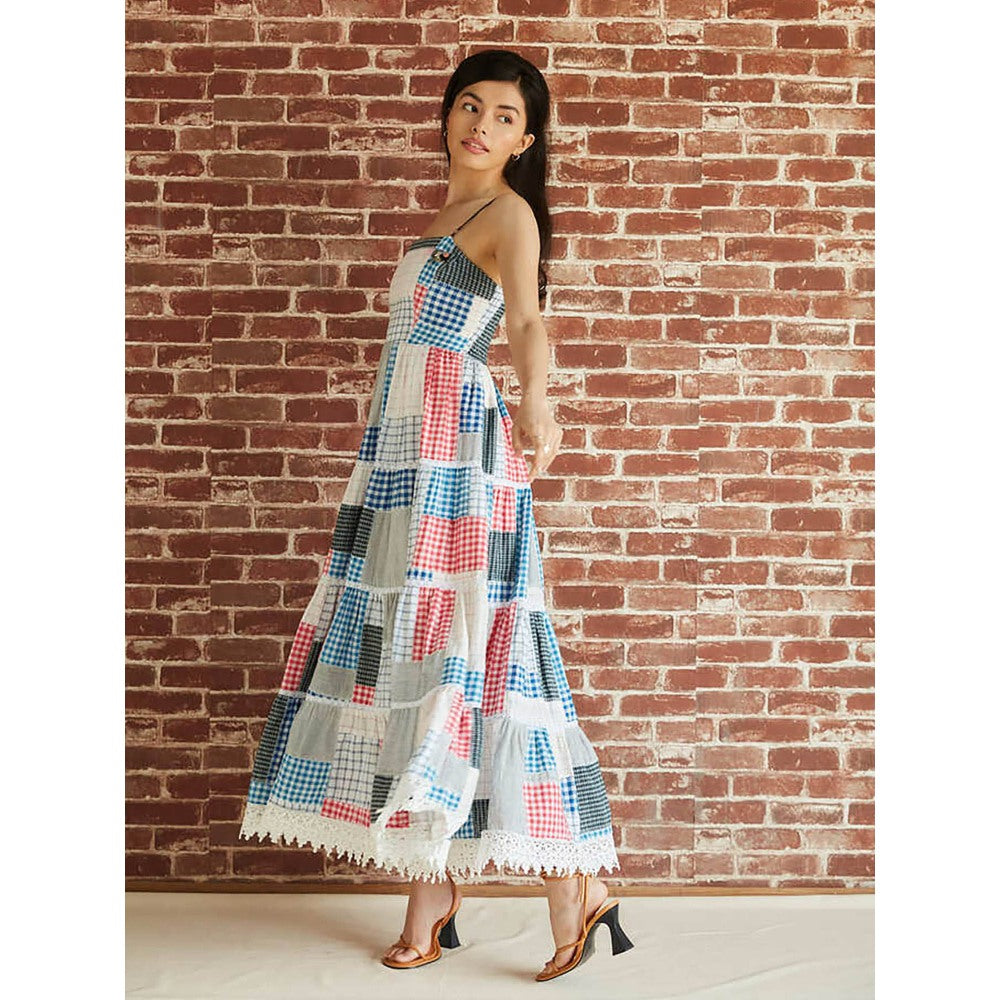 Pinnacle By Shruti Sancheti Cotton Check Patchwork Tiered Maxi Dress With Lace