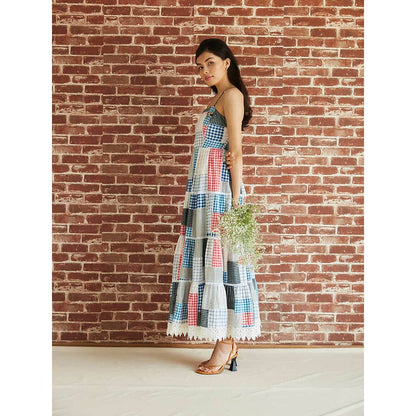 Pinnacle By Shruti Sancheti Cotton Check Patchwork Tiered Maxi Dress With Lace