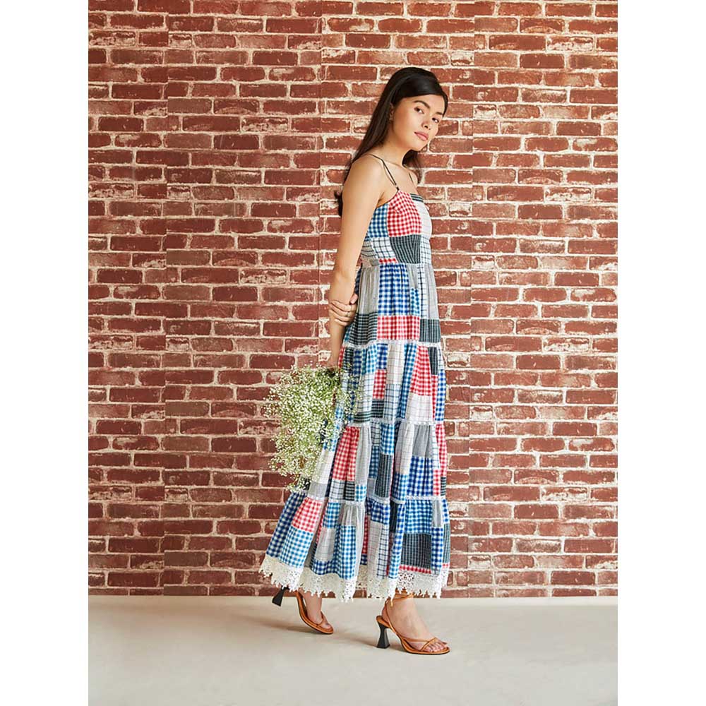 Pinnacle By Shruti Sancheti Cotton Check Patchwork Tiered Maxi Dress With Lace