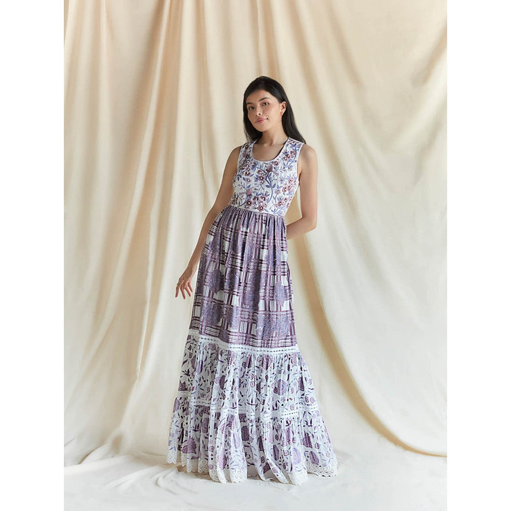 Pinnacle By Shruti Sancheti Multi-Color Printed And Embroidered Tiered Maxi