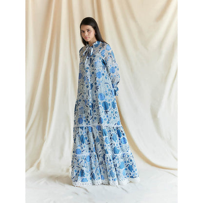 Pinnacle By Shruti Sancheti White With Blue Printed Maxi With Lace Details