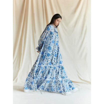 Pinnacle By Shruti Sancheti White With Blue Printed Maxi With Lace Details