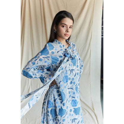 Pinnacle By Shruti Sancheti White With Blue Printed Maxi With Lace Details
