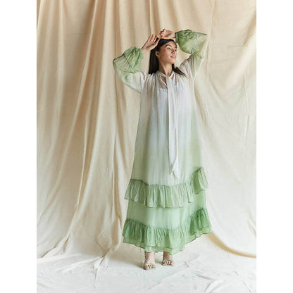 Pinnacle By Shruti Sancheti White And Green Ombre Frill Maxi With Pussy Bow