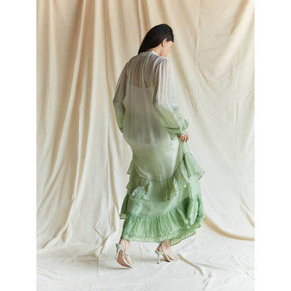 Pinnacle By Shruti Sancheti White And Green Ombre Frill Maxi With Pussy Bow