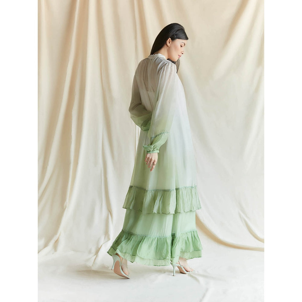 Pinnacle By Shruti Sancheti White And Green Ombre Frill Maxi With Pussy Bow