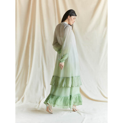 Pinnacle By Shruti Sancheti White And Green Ombre Frill Maxi With Pussy Bow