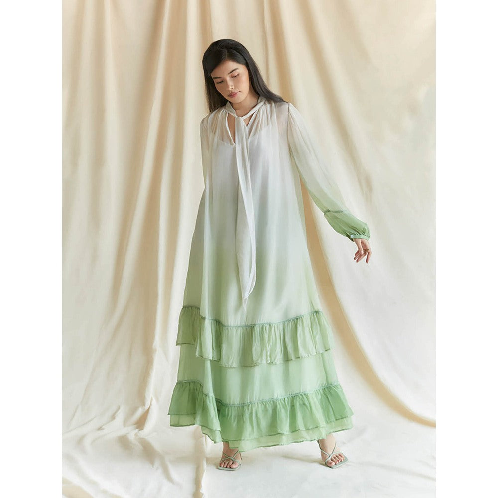 Pinnacle By Shruti Sancheti White And Green Ombre Frill Maxi With Pussy Bow