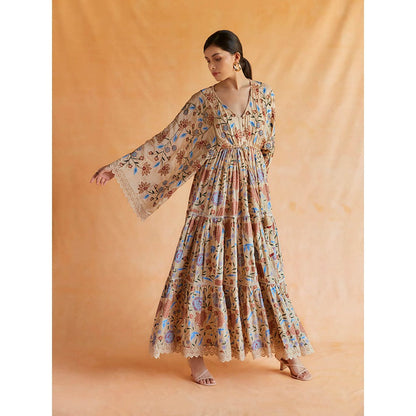 Pinnacle By Shruti Sancheti Beige Mul Printed And Embroidered Kimono Dress