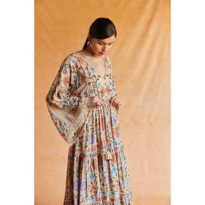 Pinnacle By Shruti Sancheti Beige Mul Printed And Embroidered Kimono Dress