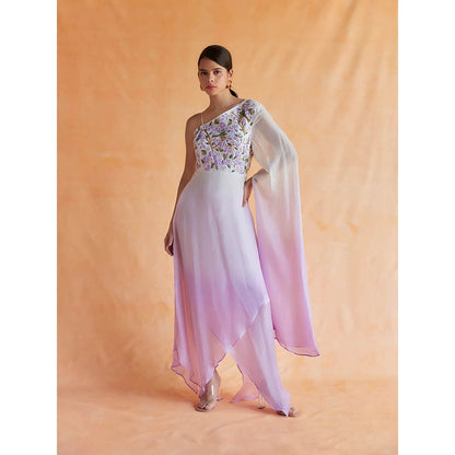 Pinnacle By Shruti Sancheti White With Pink Ombre One Shoulder Asymmetrical Embroidered Dress