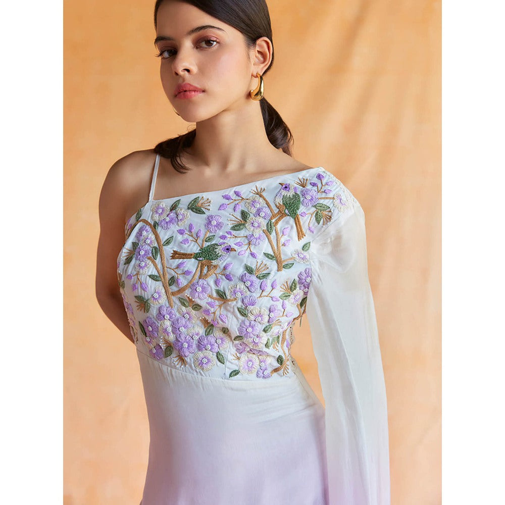 Pinnacle By Shruti Sancheti White With Pink Ombre One Shoulder Asymmetrical Embroidered Dress