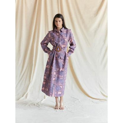 Pinnacle By Shruti Sancheti Salmon Pink Printed Shirt Dress With Belt (Set of 2)