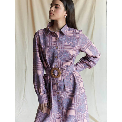 Pinnacle By Shruti Sancheti Salmon Pink Printed Shirt Dress With Belt (Set of 2)