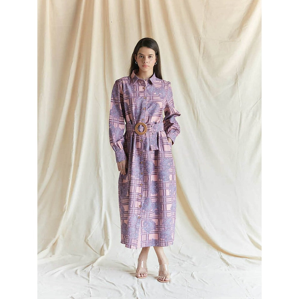 Pinnacle By Shruti Sancheti Salmon Pink Printed Shirt Dress With Belt (Set of 2)