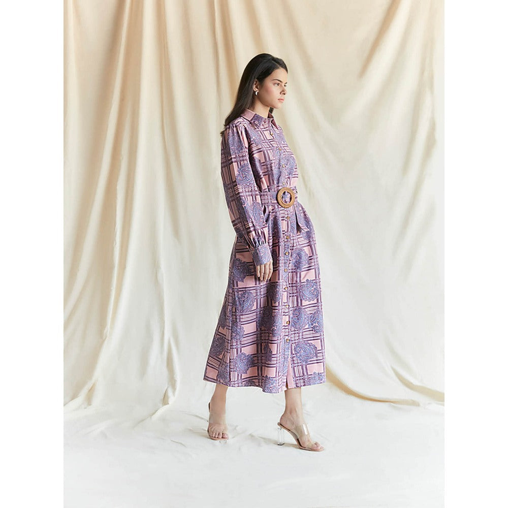 Pinnacle By Shruti Sancheti Salmon Pink Printed Shirt Dress With Belt (Set of 2)