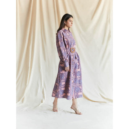 Pinnacle By Shruti Sancheti Salmon Pink Printed Shirt Dress With Belt (Set of 2)