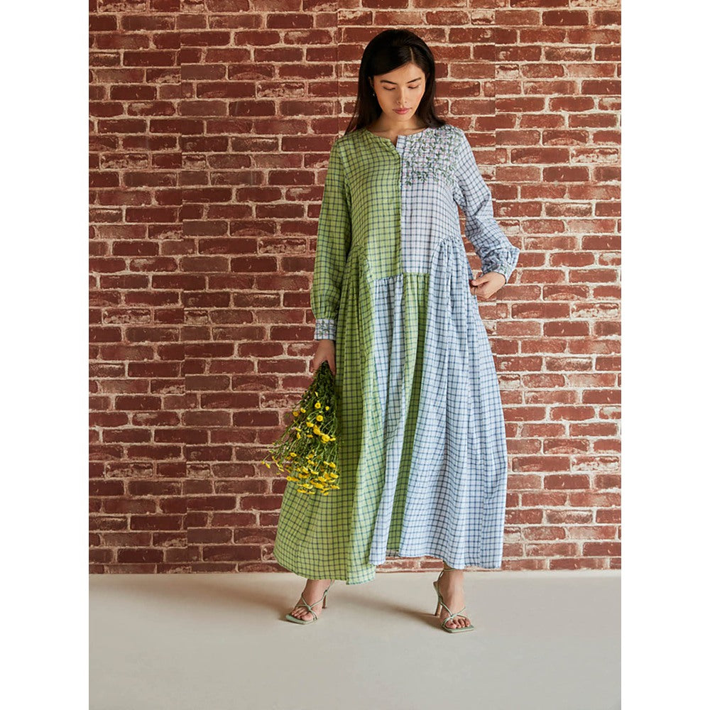 Pinnacle By Shruti Sancheti Light Green And Grey Check Gathered Embroidered Dress