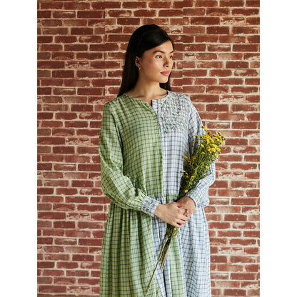 Pinnacle By Shruti Sancheti Light Green And Grey Check Gathered Embroidered Dress